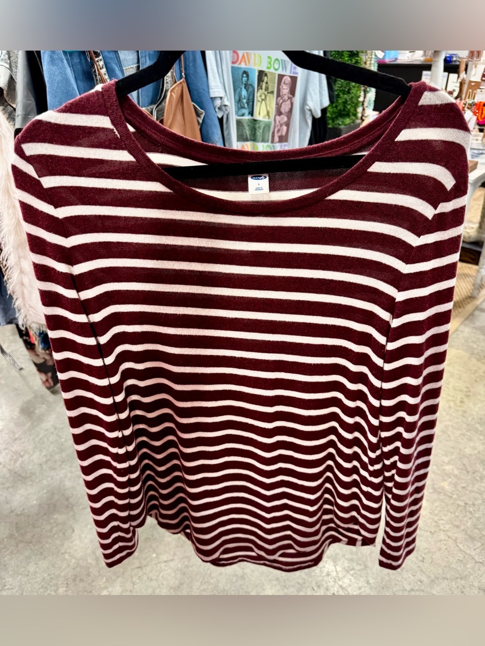 Old Navy Burgundy and Cream Striped Long-Sleeve Tee